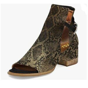 FSJ Gold Snakeskin Peep Open Toe Cut Out Buckle Ankle Bootie